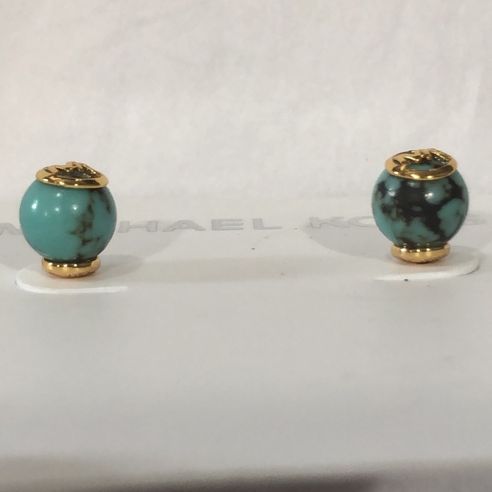Michael Kors gold tone blue torquoise ball MK logo monogram globe earrings‎ new
